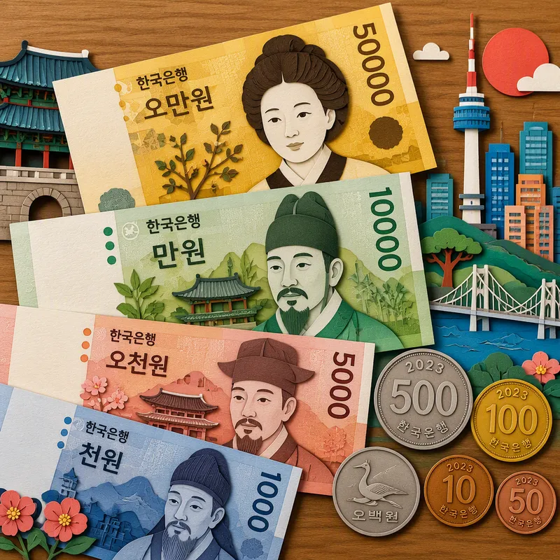 Korean won -seteleitä ja kolikoita