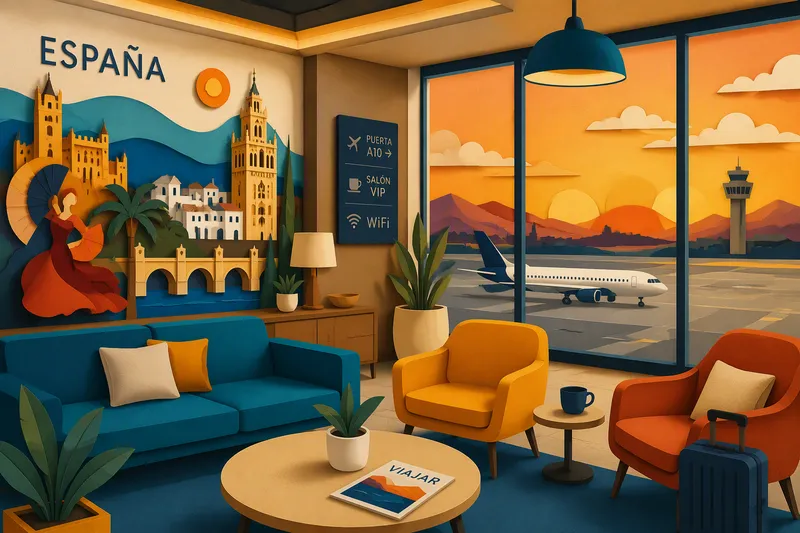 Moderni lentokenttälounge auringonlaskun aikaan