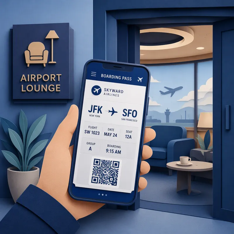 Älypuhelin ja digitaalinen tarkastuskortti lounge-sisäänkäynnin yhteydessä