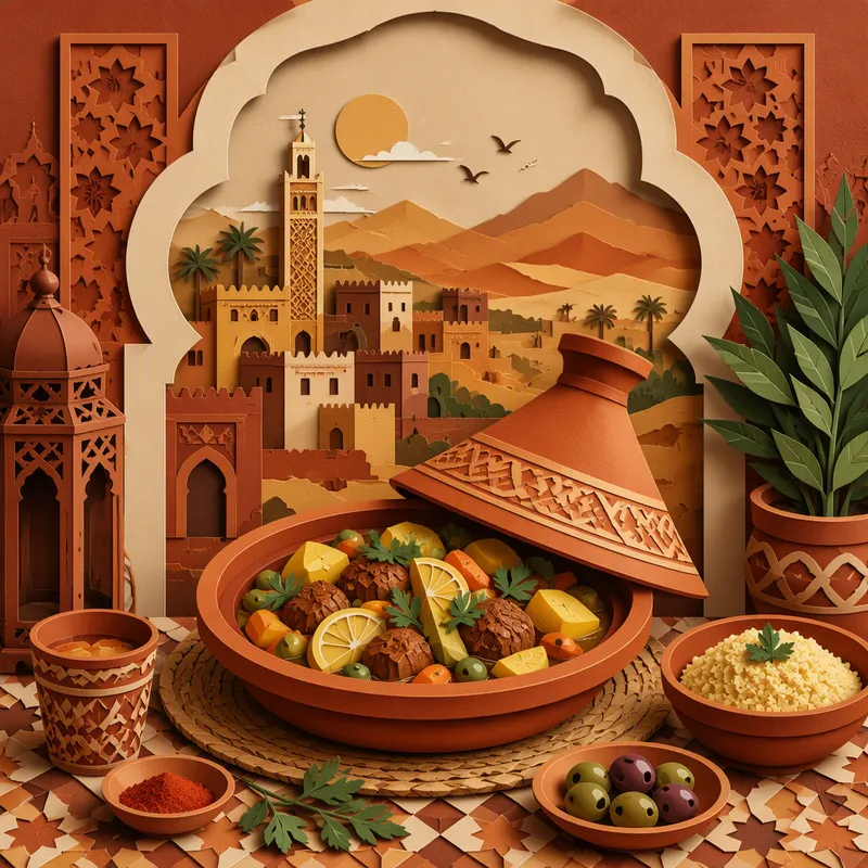 Perinteinen marokkolainen tajine-ruoka tarjoiltuna