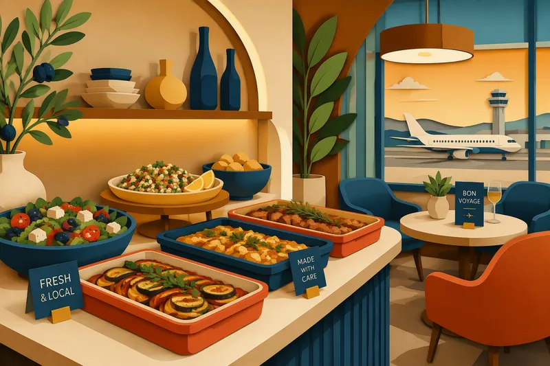Moderni lentokenttälounge ja monipuolinen buffet-ruokatarjoilu Moderni lentokenttälounge ja monipuolinen buffet-ruokatarjoilu