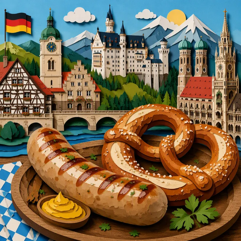 Perinteistä saksalaista bratwurstia ja tuoreita pretzeleitä Perinteistä saksalaista bratwurstia ja tuoreita pretzeleitä