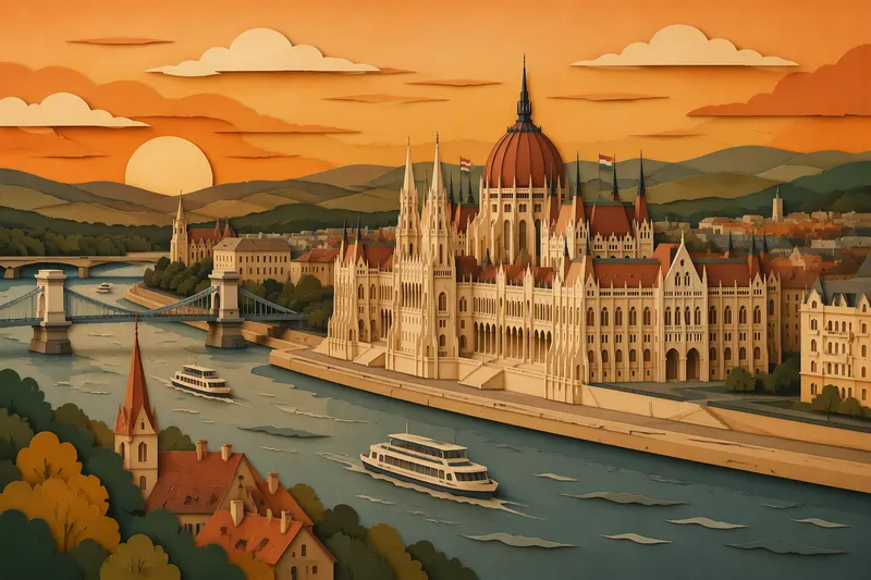 Budapestin parlamenttitalo ja Tonava auringonlaskussa Budapestin parlamenttitalo ja Tonava auringonlaskussa