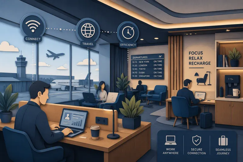 Moderni lentokenttälounge ja matkustajia työskentelemässä läppäreillä Moderni lentokenttälounge ja matkustajia työskentelemässä läppäreillä